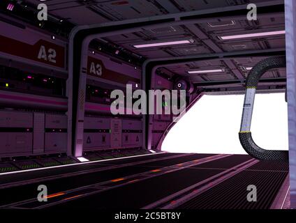 Cool Raumschiff geparkt Innenansicht auf weißem Hintergrund, 3d-Illustration Stockfoto