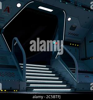 Cool Raumschiff geparkt Innenansicht Treppe weg auf weißem Hintergrund, 3d-Illustration Stockfoto