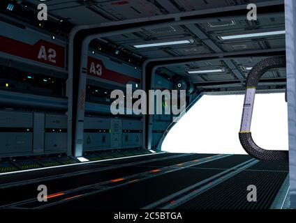 Cool Raumschiff geparkt Innenansicht auf weißem Hintergrund, 3d-Illustration Stockfoto