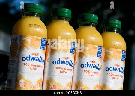 Flaschen mit Odwalla Saftprodukten für ein Foto arrangiert. Stockfoto