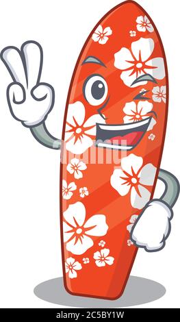 Ein fröhliches Surfbrett Cartoon Maskottchen Stil zeigen zwei Finger Pose Stock Vektor