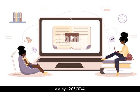 Online-Schulungen. Flaches Design Konzept von Schulungen und Video-Tutorials. Schüler lernen zu Hause. Vektorgrafik für Website Banner, Marketing Stock Vektor