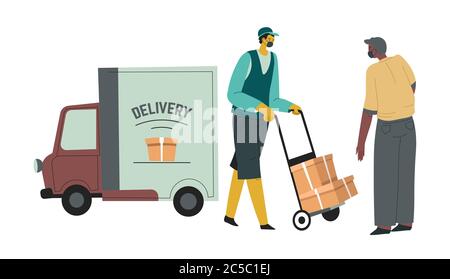 Lieferfirma arbeitet während Coronavirus Sperrung, Logistikdienstleistungen Stock Vektor