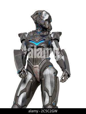 Alien weibliche Soldat tut eine Pin-up Pose in weißem Hintergrund, 3d-Illustration Stockfoto