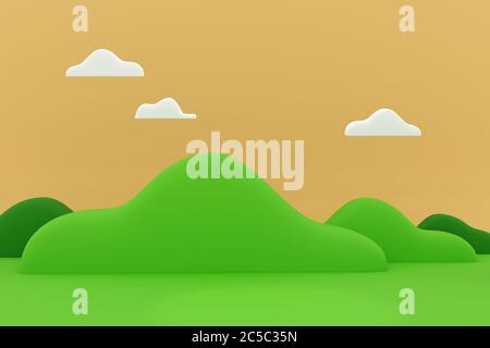 Morgen Landschaft mit Bergen und Wolken, 3d-Illustration Cartoon Natur Landschaft. Stockfoto