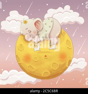 Niedlichen Elefanten Baby Mädchen schlafen auf dem Mond. vektor Hand gezeichnet Cartoon Art Stil Stock Vektor