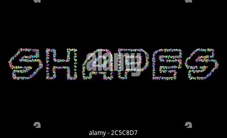 Bunte 3D-Schrift von FORMEN Text mit kleinen Objekten über einem dunklen Hintergrund und passenden Schatten. Abstract und Illustration Stockfoto