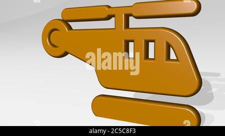 Helikopter stehen mit Schatten. 3D-Illustration von metallischen Skulptur auf einem weißen Hintergrund mit milder Textur. Luft und Flugzeug Stockfoto