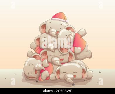 Gruppe von niedlichen Baby Elefanten glücklich warten weihnachtstag. vektor Hand gezeichnet Cartoon Art Stil Stock Vektor