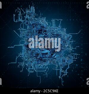 Kabel, die an EINE CPU auf EINEM Binärhintergrund angeschlossen sind. Informationsübertragung, Cloud Computing Und Big Data Konzept Stockfoto