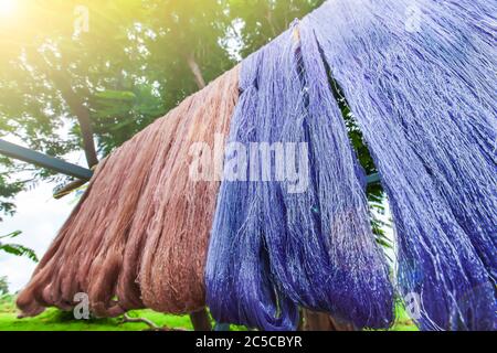 Baumwollgarn färben mit natürlichen Farben hängen in Sonnenlicht zum Trocknen, traditionelle natürliche Materialien, lokale Produkte von Sing Buri, Thailand. Stockfoto