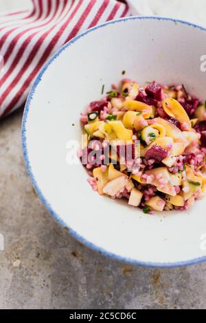 Quinoa, Zucchini, Rote Beete und Gurkensalat in einer Schüssel auf Metalloberfläche Stockfoto