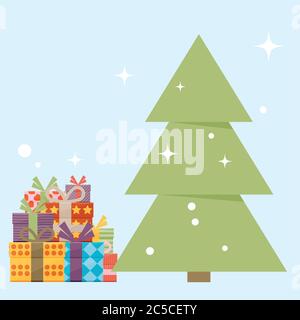 Vektor-Illustration des Weihnachtsbaums und Stapel von Geschenken Stock Vektor