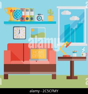 Flache Design Vektor Illustration der modernen Home Office-Interieur mit Sofa und Laptop Stock Vektor
