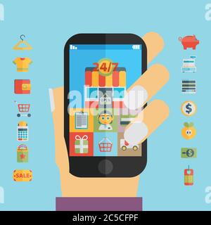 Vektor-Sammlung von modernen flachen und bunten Shopping-Ikonen mit langen Schatten. Designelemente für mobile und Web-Anwendungen Stock Vektor