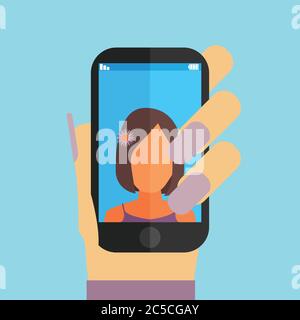 Vektor-Illustration von Selfie auf Handy in trendigen flachen Stil. Vektor-Symbol des Mädchens, das Bild auf dem Smartphone Stock Vektor