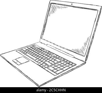 Schwarz-Weiß-Design Laptop. Handgezeichnete Doodle-Vektorgrafik. Stock Vektor