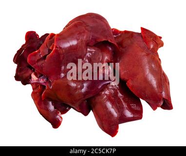 Frische rohe Kaninchenleber. Diätetisches Fleischprodukt. Isoliert auf weißem Hintergrund Stockfoto