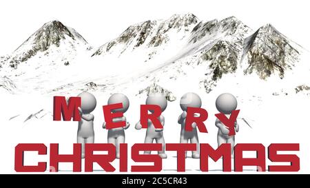 frohe weihnachten mit 3D Menschen vor einem Bergpanorama - isoliert auf weißem Hintergrund - 3D Illustration Stockfoto