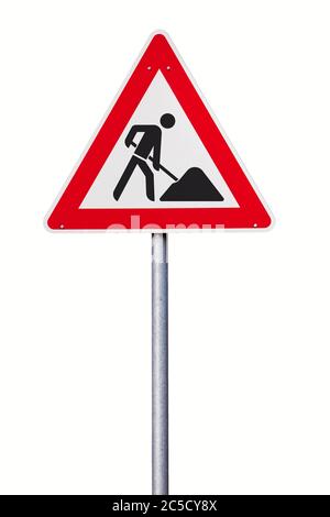 Isoliertes Verkehrsschild - Gefahrenwarnung Straße arbeitet voraus Stockfoto