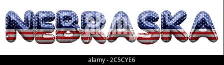 Nebraska USA Staat Sterne und Streifen Folienballon Wort. 3D-Rendering Stockfoto