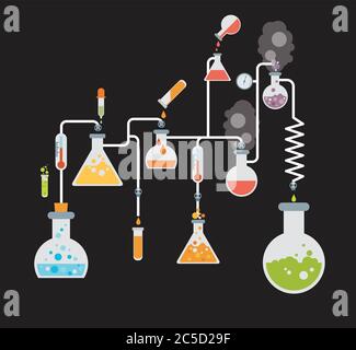 Infografiken für Chemie-Analysen, die verschiedene Tests in Laborglas mit bunten chemischen Lösungen und Reaktionen auf einem gre zeigen Stock Vektor