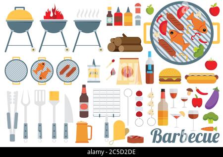 Vector flaches Set von Grillwerkzeugen. Stock Vektor
