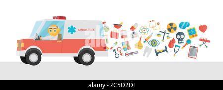 Krankenwagen mit Arzt und Ikonen. Cartoon-Vektor flach Stock Vektor