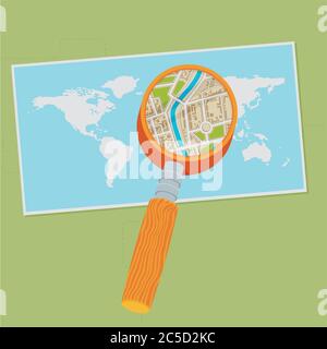 Weltkarte und Lupe. Vektor flach Stock Vektor