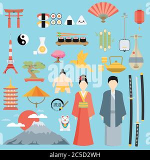 Flaches Japan Symbole und Symbole gesetzt. Illustration zum japanischen Thema. Stock Vektor