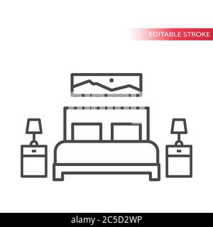 Schlafzimmer Möbel, Haus Interieur dünne Linie Vektor-Symbol-Set. Bett mit Kissen und Lampe im Nachttisch-Design. Bearbeitbare Kontur. Stock Vektor