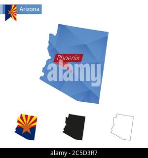 State of Arizona blaue Low Poly Karte mit Hauptstadt Phoenix, Versionen mit Flagge, schwarz und Umriss. Vektorgrafik. Stock Vektor