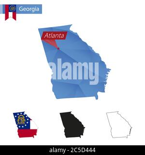 State of Georgia blau Low Poly Karte mit Hauptstadt Atlanta, Versionen mit Flagge, schwarz und Umriss. Vektorgrafik. Stock Vektor