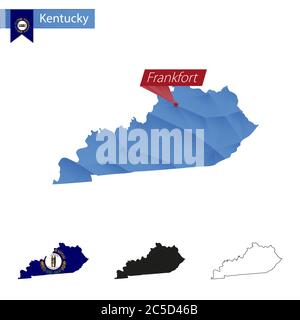 State of Kentucky blau Low Poly Karte mit Hauptstadt Frankfort, Versionen mit Flagge, schwarz und Umriss. Vektorgrafik. Stock Vektor