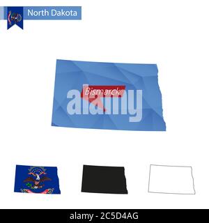 State of North Dakota blau Low Poly Karte mit Hauptstadt Bismarck, Versionen mit Flagge, schwarz und Umriss. Vektorgrafik. Stock Vektor