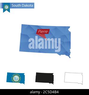 State of South Dakota blaue Low Poly Karte mit Hauptstadt Pierre, Versionen mit Flagge, schwarz und Umriss. Vektorgrafik. Stock Vektor