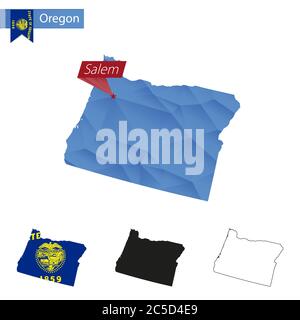 State of Oregon blaue Low Poly Karte mit Hauptstadt Salem, Versionen mit Flagge, schwarz und Umriss. Vektorgrafik. Stock Vektor