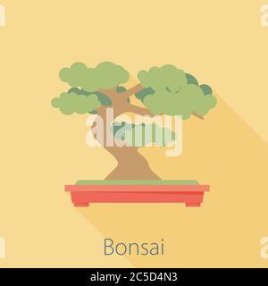 Vector Illustration lange Schatten flach Ikone der Bonsai-Baum Stock Vektor