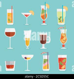 Die Symbole für alkoholische Getränke und Cocktails sind in flachem Design gehalten. Stock Vektor
