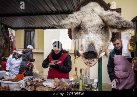 KACAREVO, SERBIEN - 18. FEBRUAR 2017: Kopf eines toten Mangulica Schweins vor Marktverkäufern. Mangulica oder Mangalica, ist eine Rasse von Schweinen, typisch Stockfoto