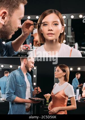 Collage von Make-up Künstler Anwendung Mascara und halten Make-up-Set in der Nähe schöne Modell in Fotostudio Stockfoto