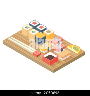 Sushi, japanische Küche. Asia Food Icon Set mit Sushi-Brötchen Sashimi. Isolierte Vektordarstellung flache Ausführung. Stock Vektor