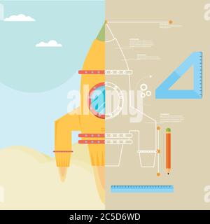 Build-Konzept: Rakete in flacher Form Stock Vektor