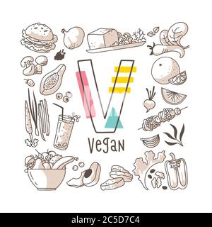 Buchstabe V - Vegan, nette Alphabet-Reihe im Doodle-Stil, Vektor-Abbildung Stock Vektor