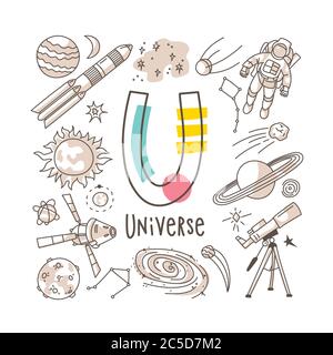 Buchstabe U - Universum, nette Alphabet-Reihe im Doodle-Stil, Vektor-Illustration Stock Vektor