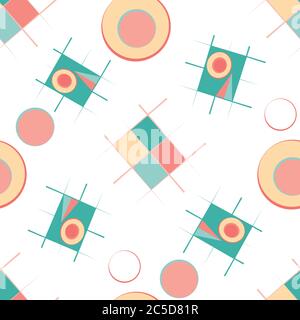 Bauhaus-Stil Vektor nahtlose Muster Hintergrund. Bunte blaugrün, rosa, gelbe Kreise und Rechtecke auf weißem Hintergrund verstreut. Lose geworfen wiederholen Stock Vektor