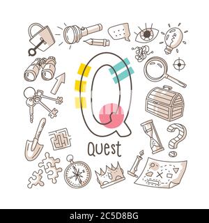 Letter Q - Quest, niedliche Alphabet-Serie im Doodle-Stil, Vektor-Illustration Stock Vektor