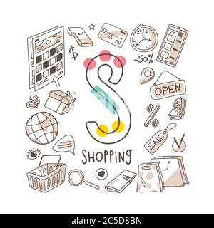 Letter S - Shopping, niedliche Alphabet-Serie in Doodle-Stil, Vektor-Illustration Stock Vektor