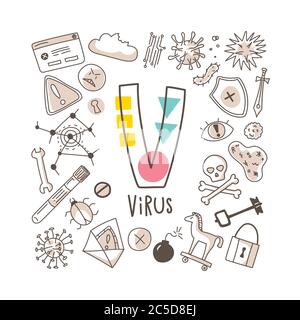 Buchstabe V - Virus, nette Alphabet-Reihe im Doodle-Stil, Vektor-Abbildung Stock Vektor