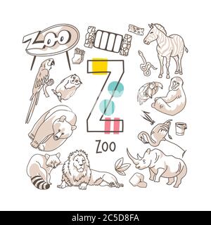 Buchstabe Z - Zoo, nette Alphabet-Reihe im Doodle-Stil, Vektor-Illustration Stock Vektor